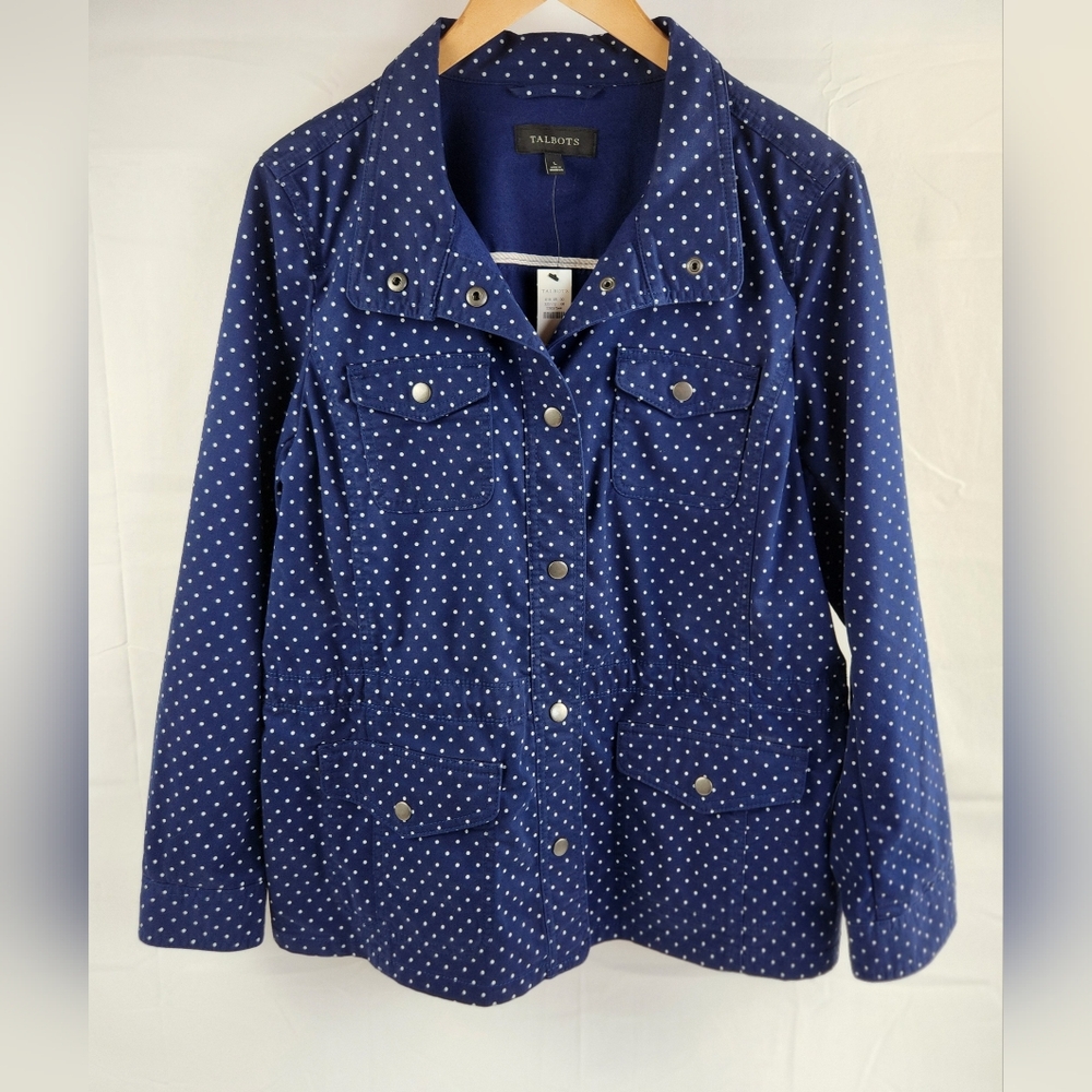 Talbots Field Jacket Womens Large Navy Blue Polka Dot Stretch Nwt